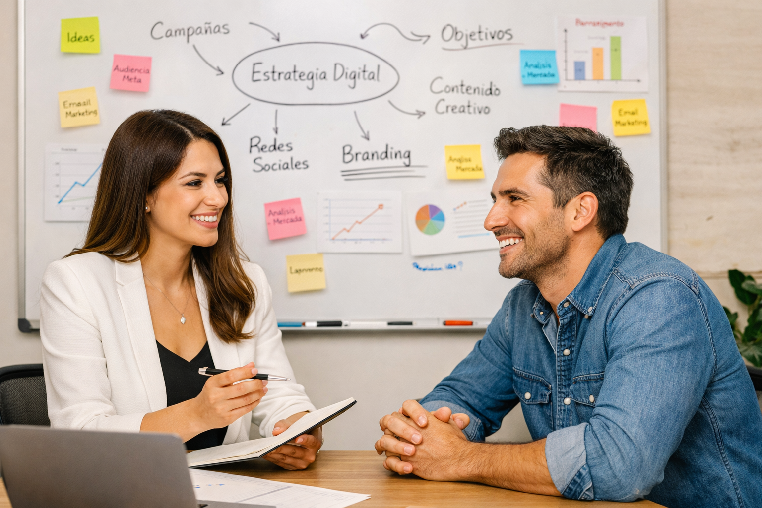 Asesoría de marketing digital entre cliente satisfecho y consultora, con estrategias de branding y redes sociales al fondo.